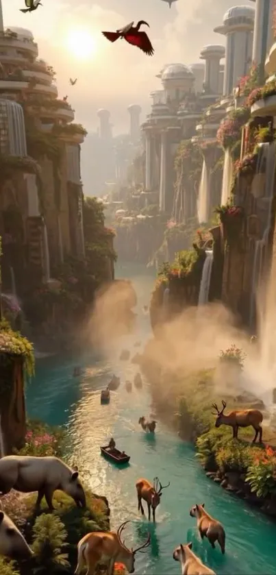 Fantasy landscape of canyon with waterfalls and wildlife.