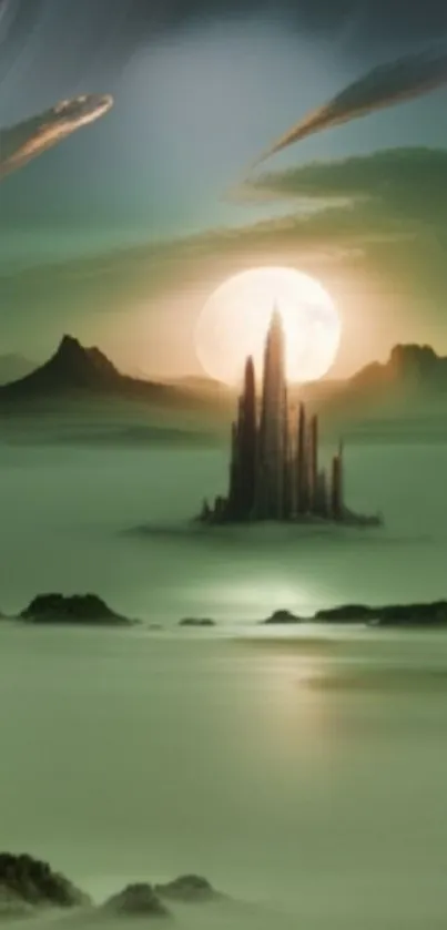 Enchanted castle in a misty, moonlit landscape with serene mountains.