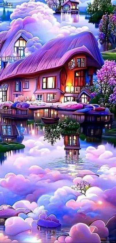 Lavender-hued fantasy cottage with dreamy clouds and reflections.