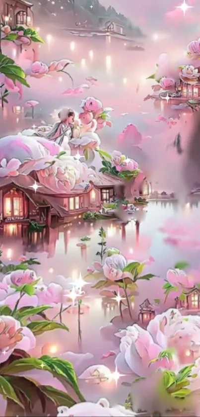 Fantasy wallpaper with pink pastel florals and serene water reflections.