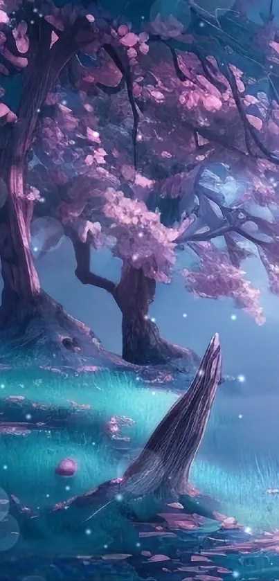 Serene fantasy forest with pink blossoms.