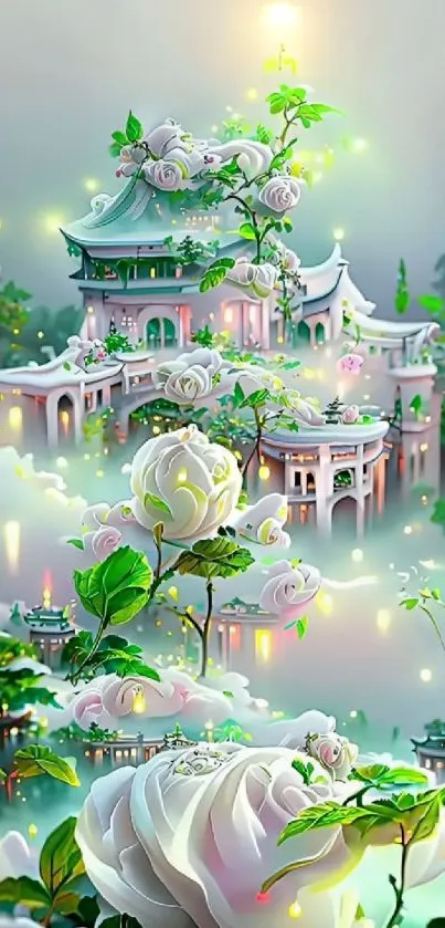 Serene fantasy garden with ethereal architecture and blooming roses.