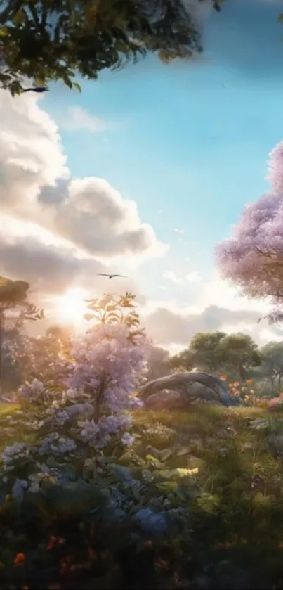 Fantasy garden with pink trees and sky blue background.