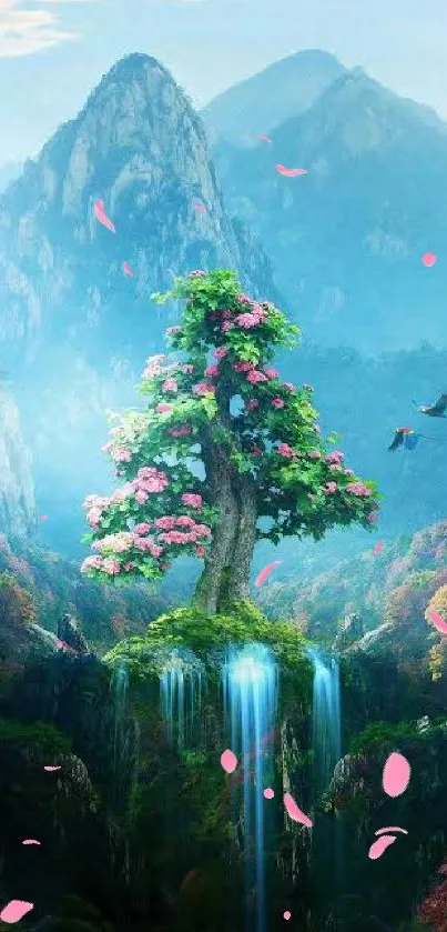 Fantasy landscape with tree and waterfall, ideal for mobile wallpaper.
