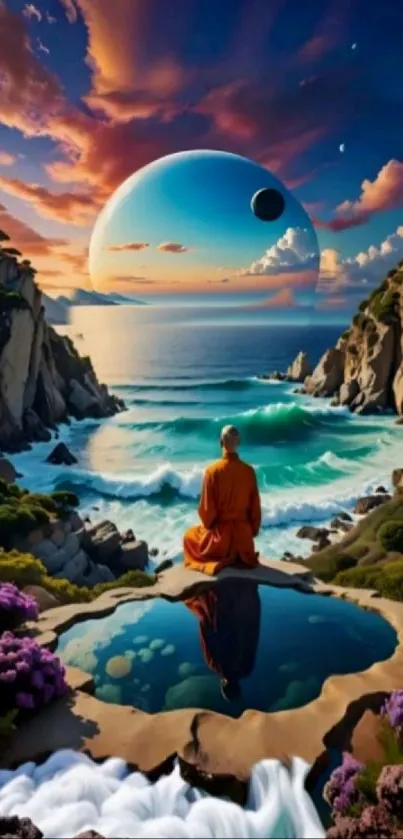 A monk meditating by the ocean under a cosmic sky.