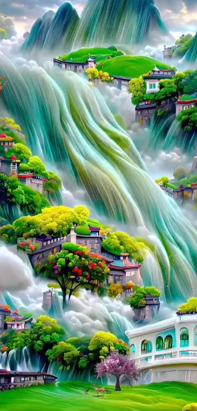 Fantasy landscape with waterfalls and green hills.