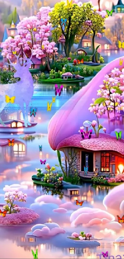 Fantasy landscape wallpaper with pink flora and a serene atmosphere.