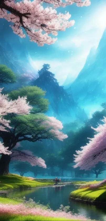 Serene fantasy landscape with cherry blossoms and blue mountains.