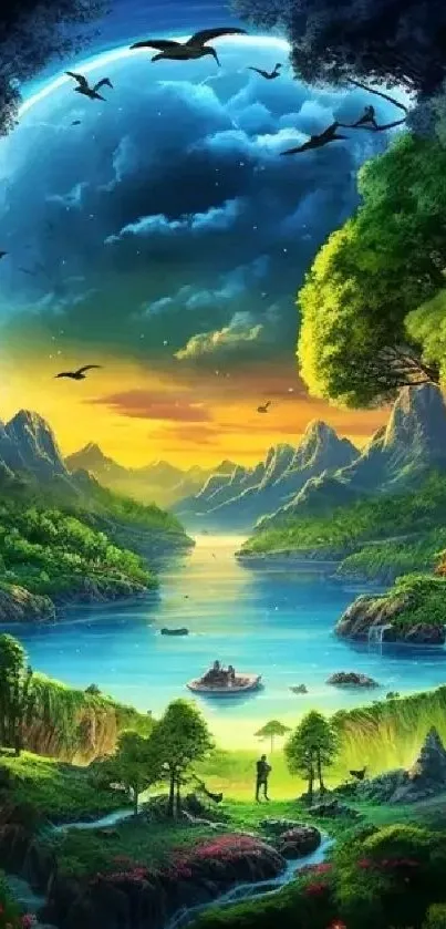 Fantasy landscape with lush nature and a vibrant blue sky in a circular composition.