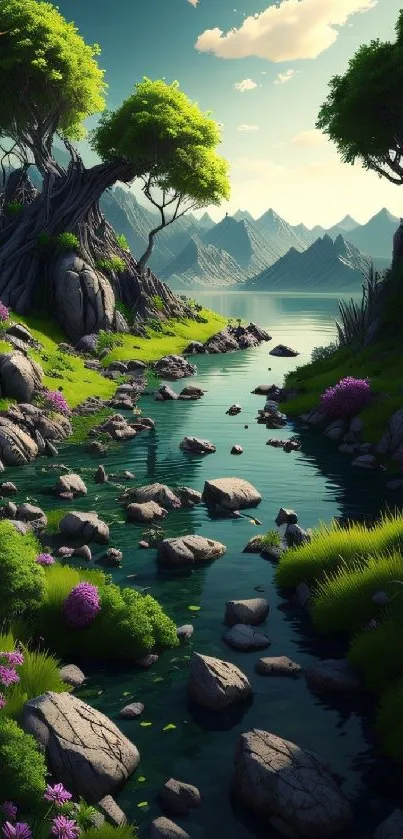 Fantasy landscape with river, trees, and mountains.