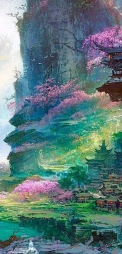 Fantasy landscape wallpaper with vibrant colors and cherry blossoms.