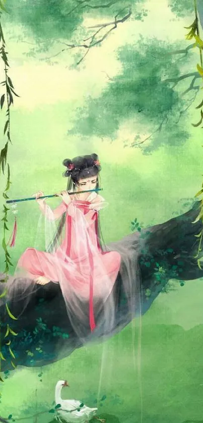 A girl in traditional attire sits on a tree branch in a lush, green fantasy forest.