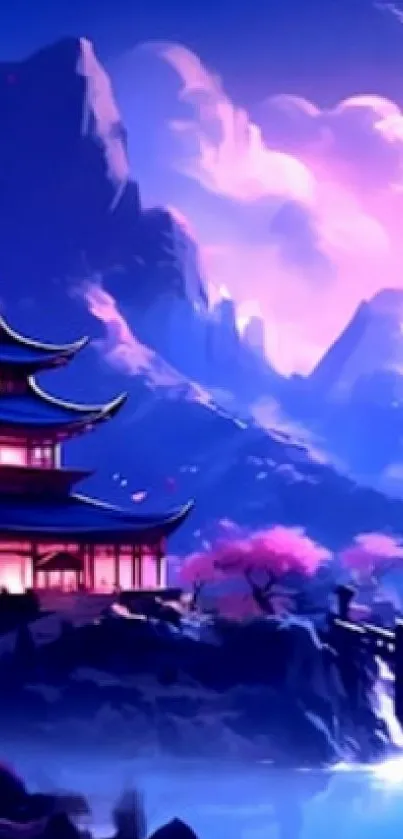 Fantasy landscape with temple, bridge, pink and purple sky.