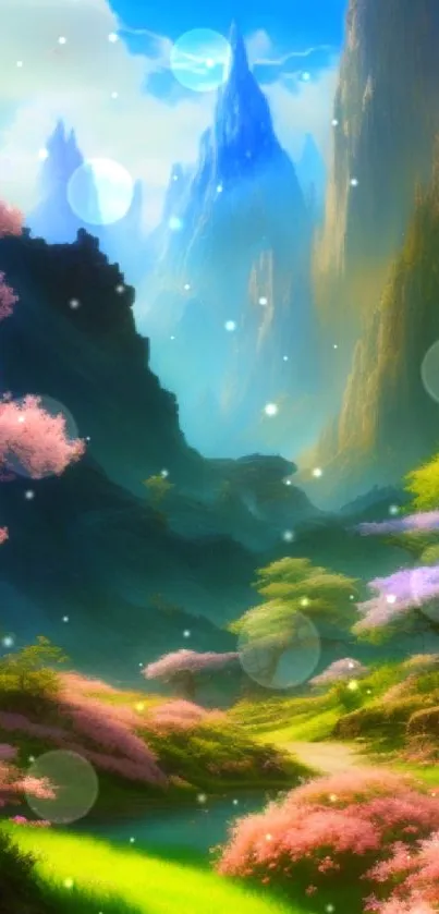 Fantasy mountain landscape with pink blossoms and blue peaks under clear sky.