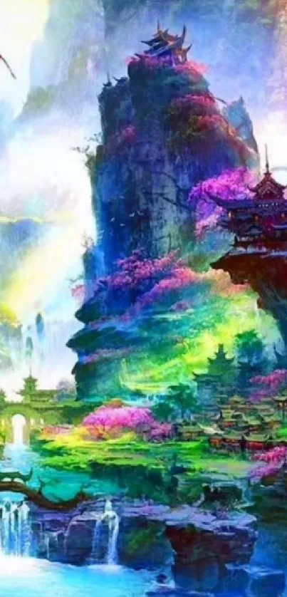 Vivid fantasy mountain scene with pink blossoms and waterfalls.