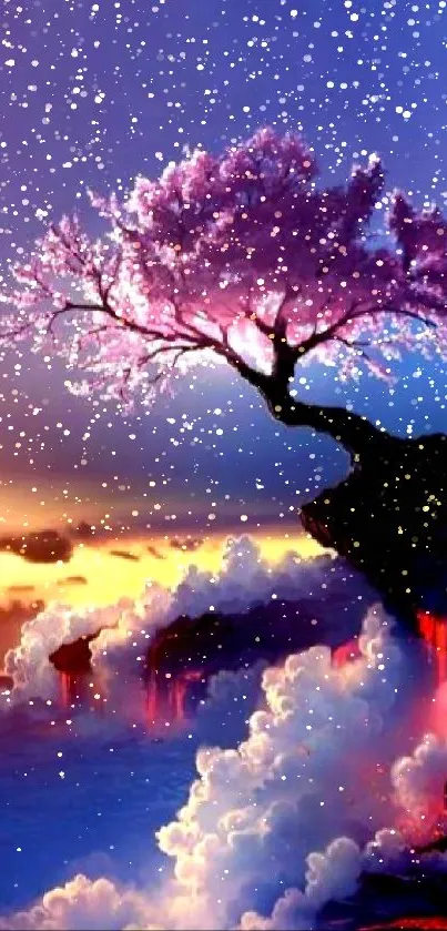 Fantasy wallpaper with cherry tree on cliff, purple sky.