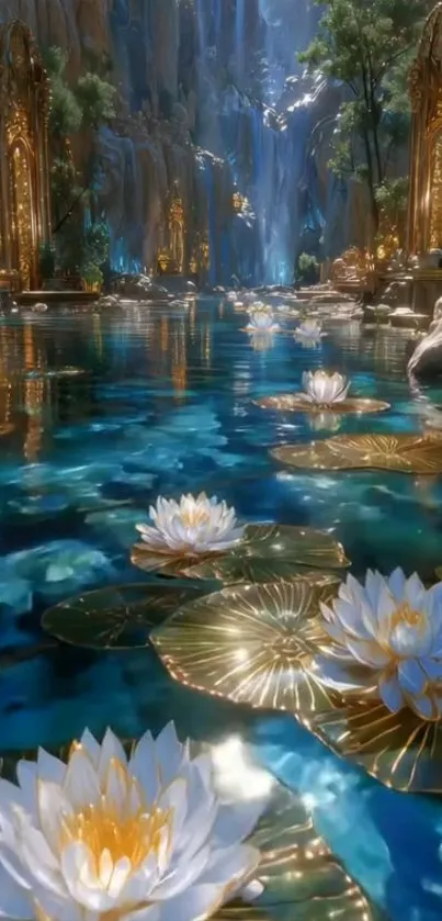 Serene fantasy landscape with water lilies reflecting light in a mystical pond.