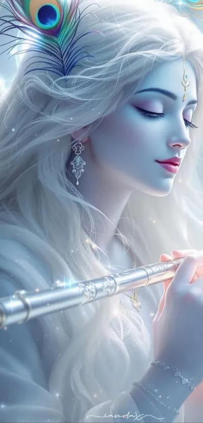 Fantasy woman with silver hair holding a flute.