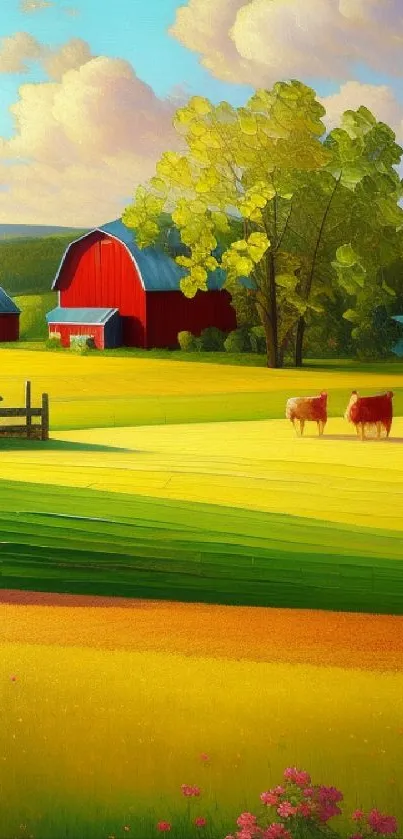 Serene farm landscape with red barns and rolling hills.