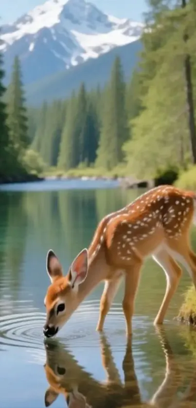 Young fawn drinking from an alpine lake with mountains in the background.