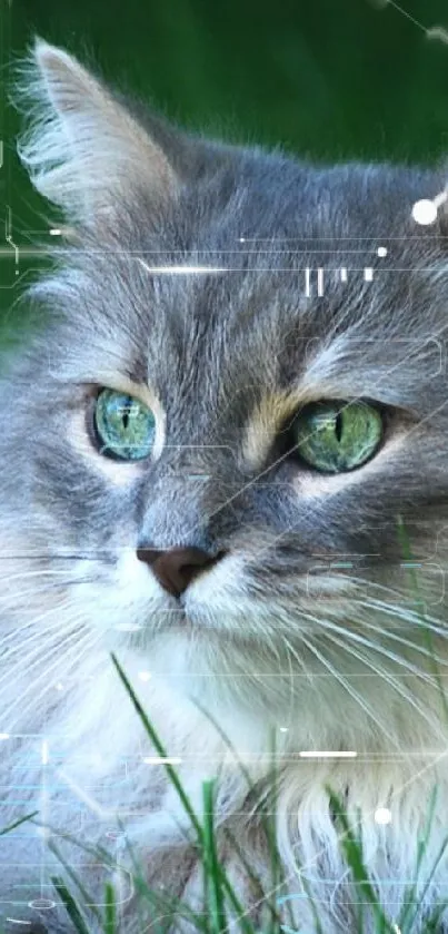 Serene grey cat in lush green grass background.