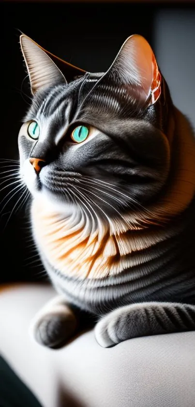 Serene cat with green eyes and glowing lamp on a bed.