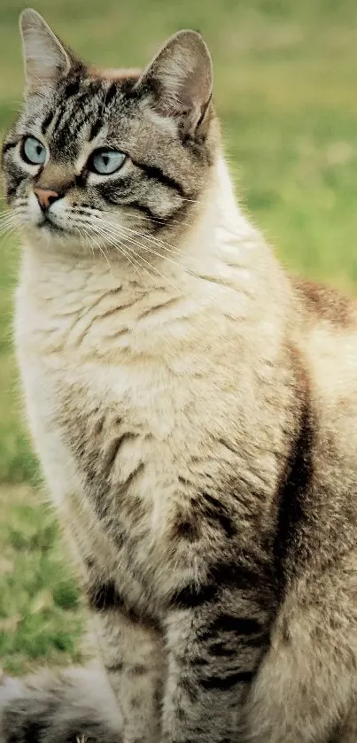 Serene cat sitting on green grass in a natural setting.