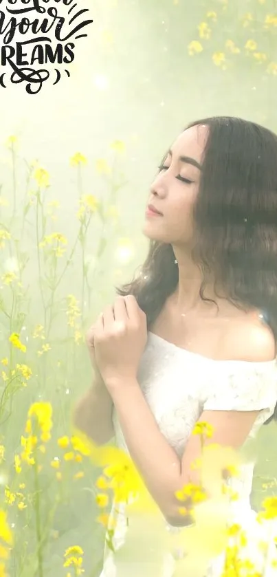 Woman in white dress amid yellow flowers with 'Dreams' text.