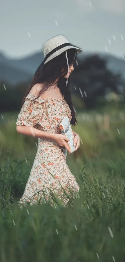 Woman in a green field wearing a floral dress and hat, surrounded by nature.