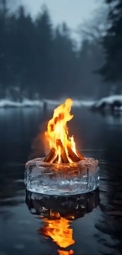 Fire burning on a block of ice in serene water.