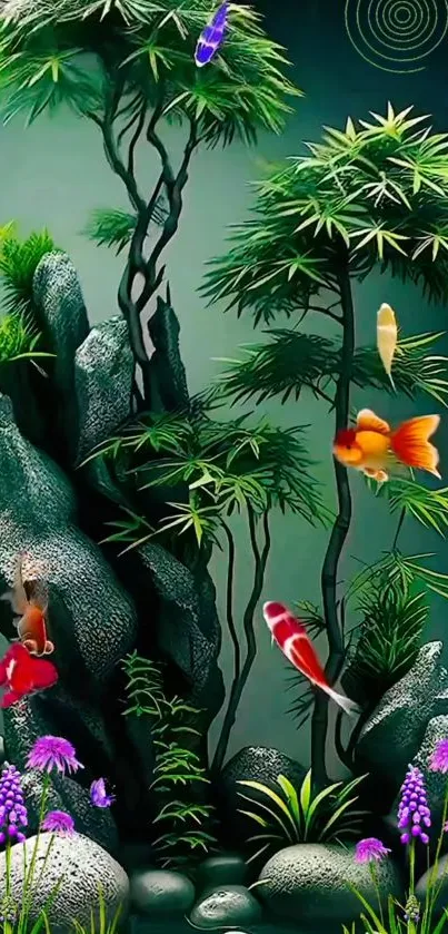 Vibrant fish swim around bamboo, creating a serene aquatic wallpaper background.