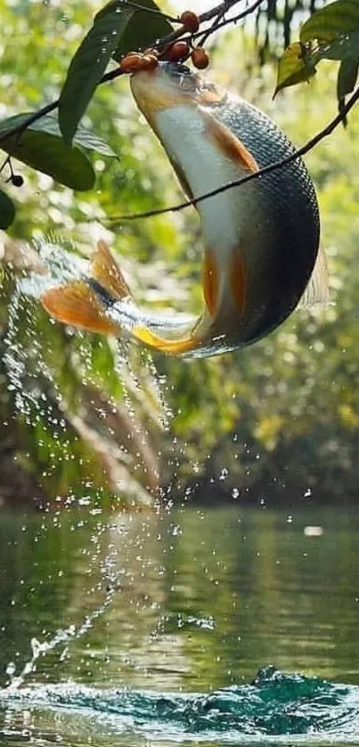 Fish splashing in pond surrounded by green foliage.