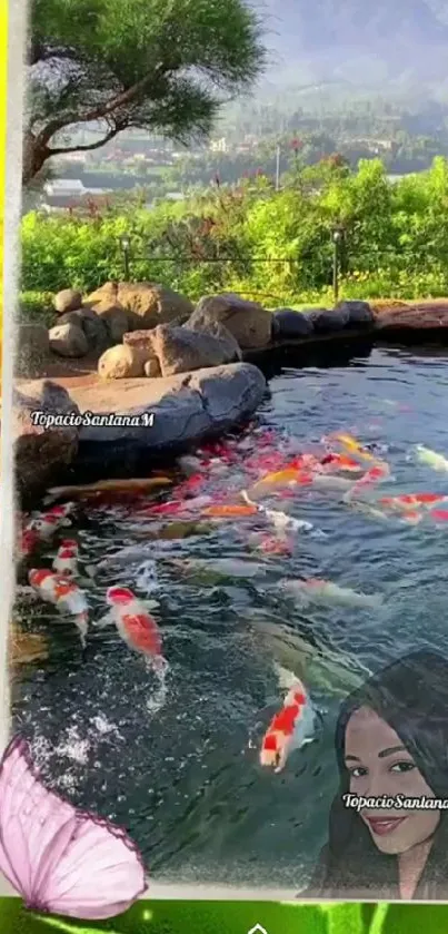 Serene pond with koi fish under a lush green landscape