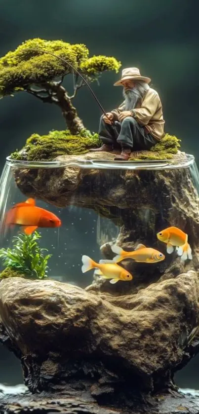 Mini Zen garden with fish in a glass bowl.