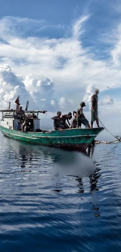 Fishing boat on calm sea with stunning cloud backdrop.