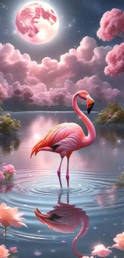 Pink flamingo in serene moonlit fantasy setting with pink flowers.