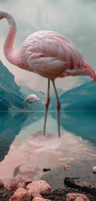 A flamingo stands in a serene lake surrounded by misty mountains.