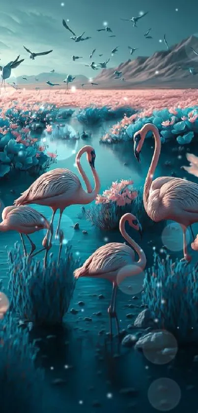 Flamingos in serene lake with pastel flowers and mountains.