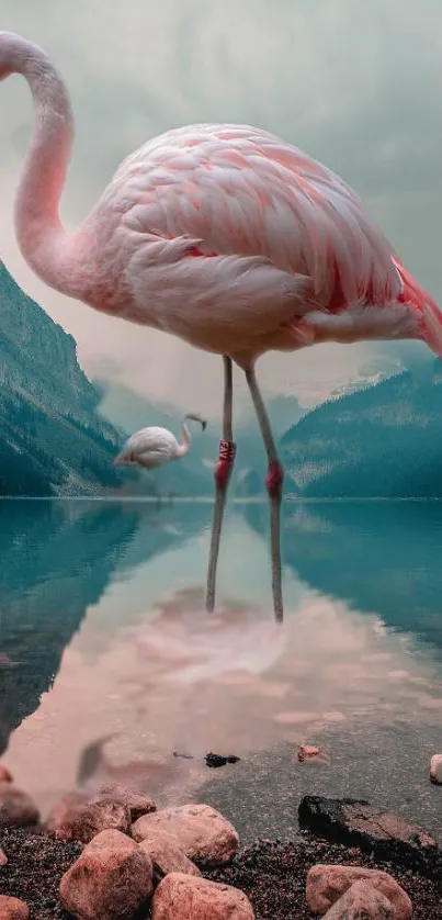 Flamingo stands by serene lake with reflections.