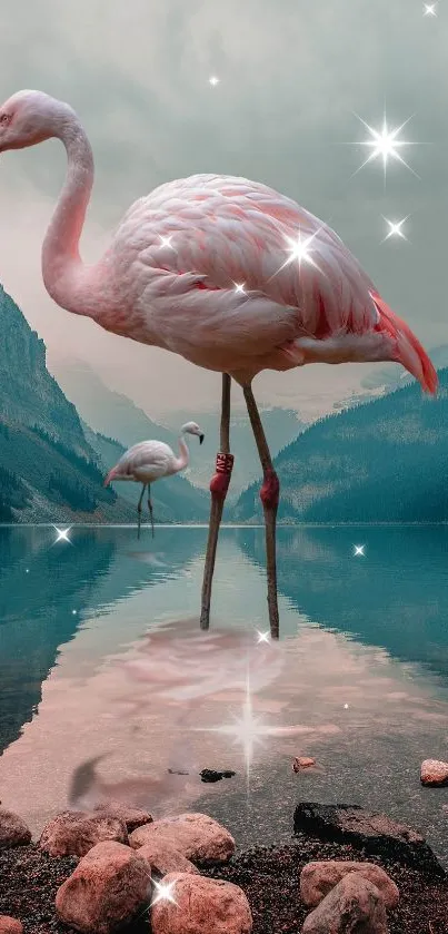 Two pink flamingos by a tranquil lake with mountains.