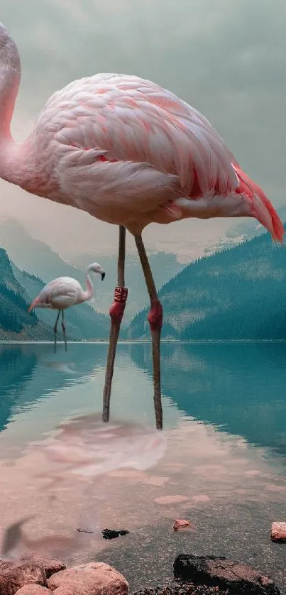 Flamingos stand in a serene mountain lake with a teal backdrop and misty mountains.