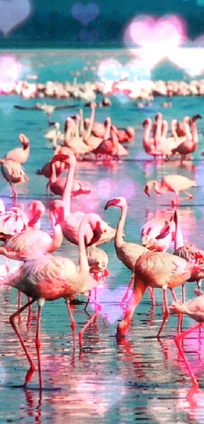 Flock of flamingos on a serene lake with sky blue reflections.