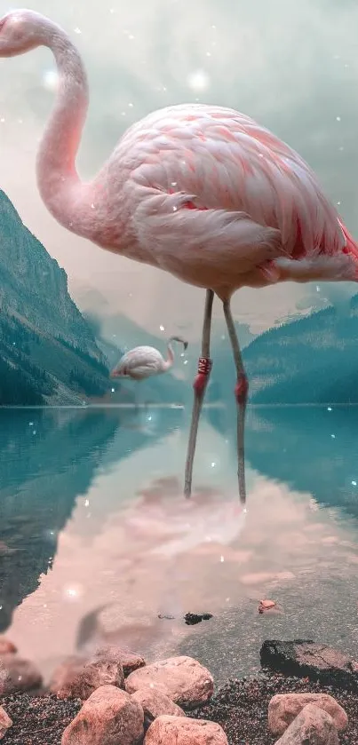 Elegant flamingo standing by a tranquil lake with ethereal reflections.