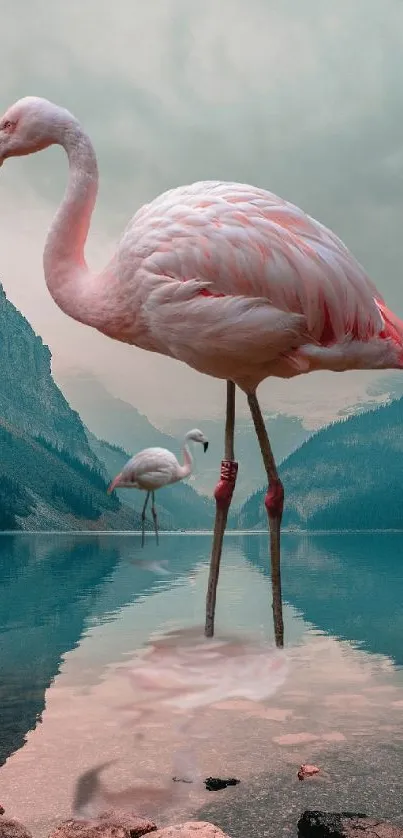 Flamingos by a serene mountain lake with reflections in the water.