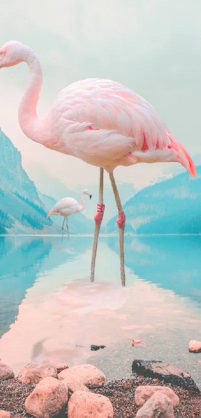 Tranquil lake view with flamingo and mountain reflections in soft pink and blue hues.