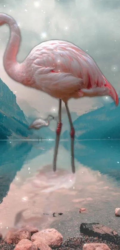 Flamingo standing in a calm lake with a mountainous backdrop.