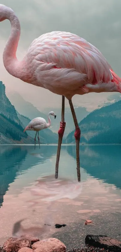 Flamingo stands in a serene mountain lake backdrop.