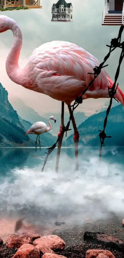 Flamingos standing in lake with mountain and teal sky background.