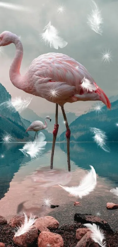 Flamingo standing by a mountain lake with floating feathers.