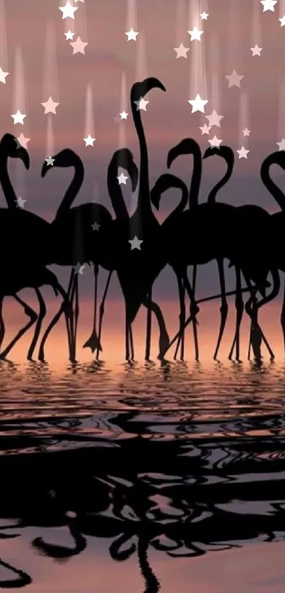 Flamingos silhouetted against a sunset, reflecting in calm waters.